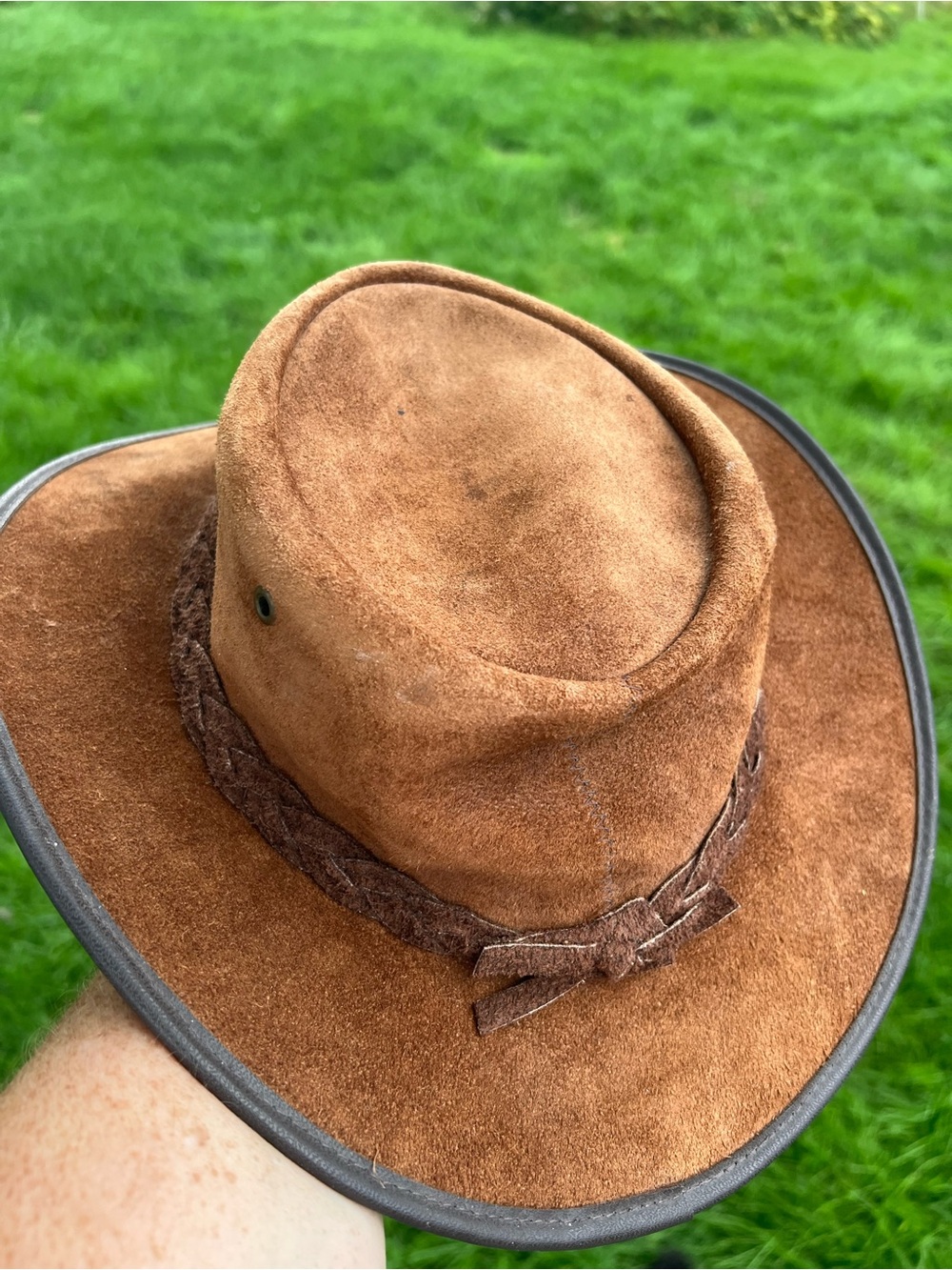 Vintage brown suede Australian outback or bush hat featuring a braided leather